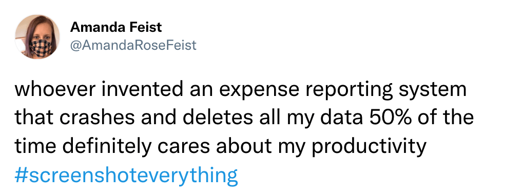 whoever invented an expense reporting system that crashes and deletes all my data 50% of the time definitely cares about my productivity
