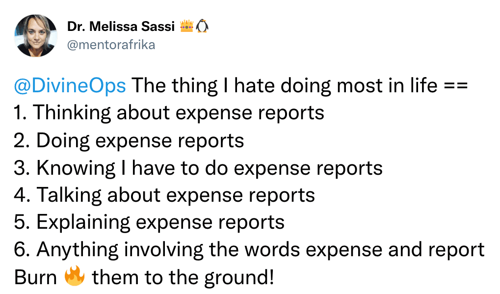 The thing I hate doing most in life ==
    1. Thinking about expense reports
    2. Doing expense reports
    3. Knowing I have to do expense reports
    4. Talking about expense reports
    5. Explaining expense reports
    6. Anything involving the words expense and report
    Burn Fire them to the ground!